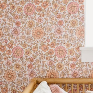 Daisy Floral Boho Wallpaper, Peel and Stick, Removable Wallpaper, Girls Room, Fabric Wallpaper