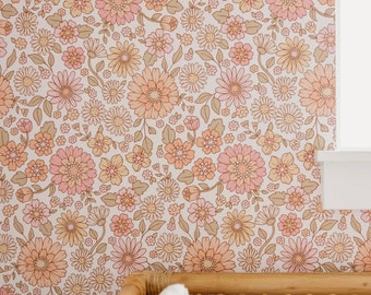 Daisy Floral Boho Wallpaper, Peel and Stick, Removable Wallpaper, Girls Room, Fabric Wallpaper