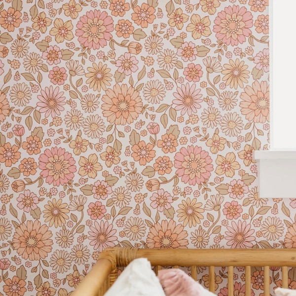 Daisy Floral Boho Wallpaper, Peel and Stick, Removable Wallpaper, Girls Room, Fabric Wallpaper