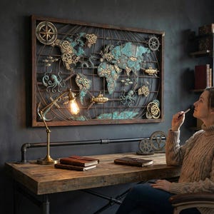 May include: A steampunk-style metal world map wall art with gears and nautical elements. The map is mounted on a dark wall above a wooden desk with a vintage lamp and leather-bound books. The room has a cozy, vintage aesthetic.