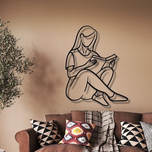 Minimalist Continuous One Line Metal Wall Hangings Art, Woman Reading Book, Modern Aesthetic Feminine Above Bed Home Decor, Book Lover Gift