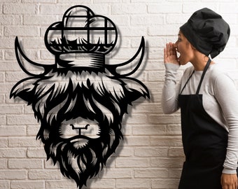 Unique Funny Highland Scottish Cow with CHEF HAT Metal Sign, Kitchen's Rustic Wall Art Decor Metal Sign, Hanging Decoration, Outdoor &Indoor