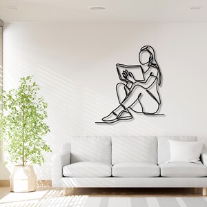 Minimalist Continuous One Line Metal Wall Hangings Art, Woman Reading Book, Modern Aesthetic Feminine Above Bed Home Decor, Book Lover Gift
