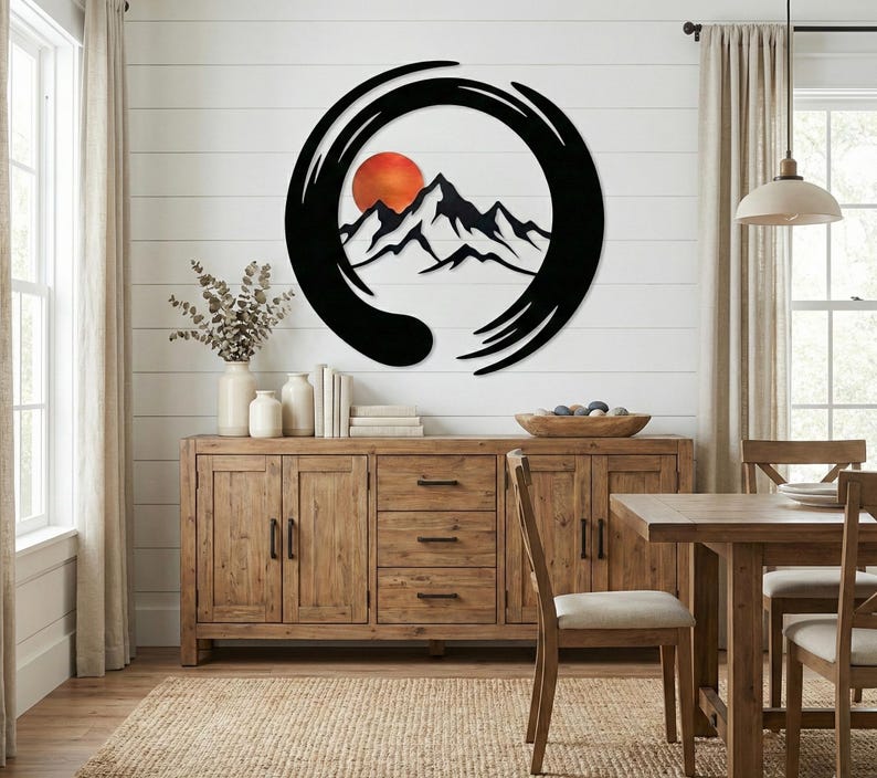 Enso Circle Mountain Metal Wall Art, Zen Japanese Landscape Sign ...