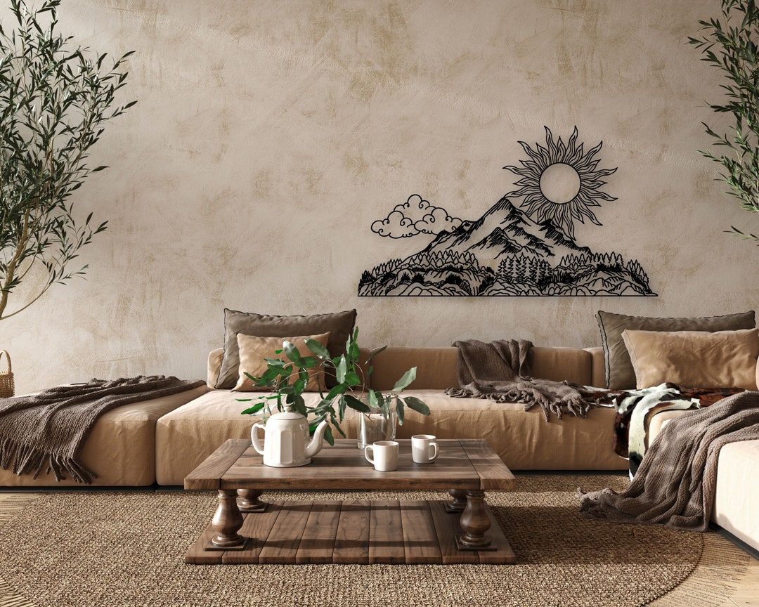 Sun and Cloud Above Large Mountain Forest Metal Decor, Metal Yard Wall ...
