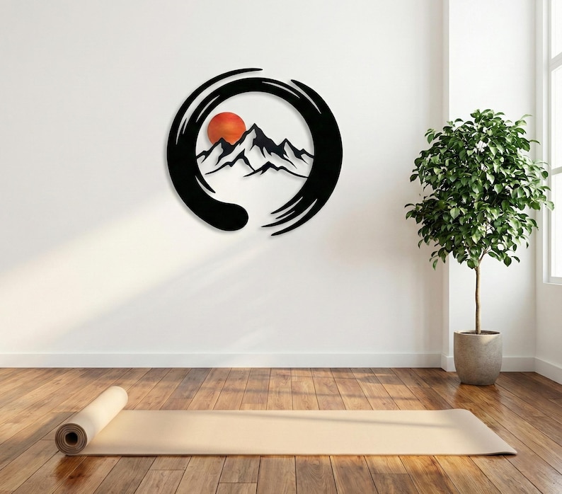 Enso Circle Mountain Metal Wall Art, Zen Japanese Landscape Sign ...