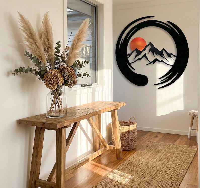 Enso Circle Mountain Metal Wall Art, Zen Japanese Landscape Sign ...