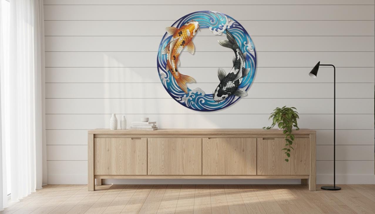 Yin Yang Koi Fish Metal Wall Art - Enso Water Circle Sign - Japanese ...