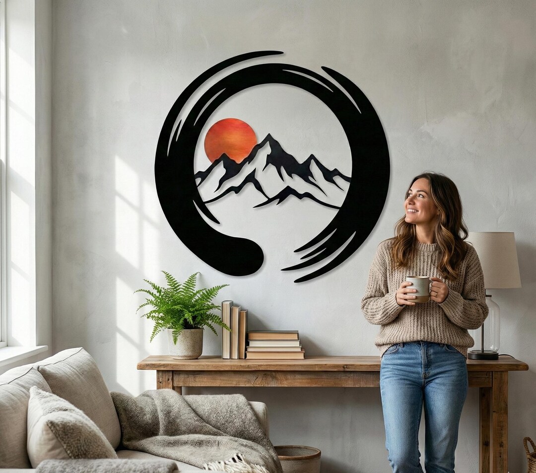 Enso Circle Mountain Metal Wall Art, Zen Japanese Landscape Sign ...