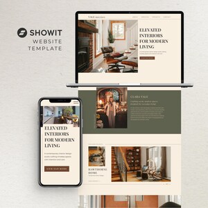 May include: A website template displayed on a laptop and smartphone. The website promotes interior design services with the text "ELEVATED INTERIORS FOR MODERN LIVING." The Showit logo is in the upper left corner. The website features images of modern interior spaces.