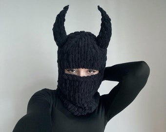 Devil balaclava ski mask, Balaclava with horns, Knitted hat, Devil horns hat, Summer festiwale mask, Scary mask, Moonweek, bunny balaclava