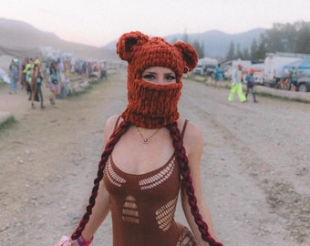 Festival  hat Knitted Bear Ears, burning man Hand Crochet Bear Ears Beanie, Baclava bear ear, Beanie Ski Mask, Teddy bear balaclava mask