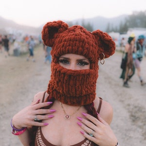 Festival hat Knitted Bear Ears, burning man Hand Crochet Bear Ears Beanie, Baclava bear ear, Beanie Ski Mask, Teddy bear balaclava mask zdjęcie 4