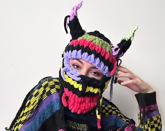 Exclusive Balaclava with ears RANDOM COLORS, balaclava hat, knitted , Read DESCRIPTION, bunny ski mask,animal ears hat, horns, bear ski mask