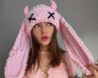 Bunny hat, Knitted bunny beanie, Crochet bunny hat, Bunny ears beanie, Devil bunny beanie, Knitted hat with ears, Skull hat, Crochet hat