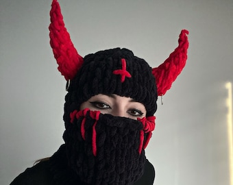 Devil balaclava, Balaclava with horns, Knitted hat, Devil horns hat, Devil ski mask, Summer festiwale mask, Scary mask