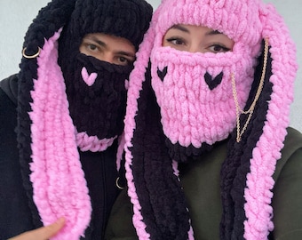 Masque de ski de lapin, cagoule de lapin tricotée à la main, masque de ski kawaii,
