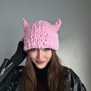 Devil knit beanie, Beanie with horns, Beanie, Devil hat chrochet, Knitted hat with ear, Adult crochet hat, Bunny hat, Adult disney hat