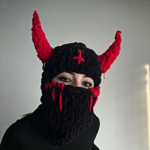 Devil balaclava, Balaclava with horns, Knitted hat, Devil horns hat, Devil ski mask, Summer festiwale mask, Scary mask