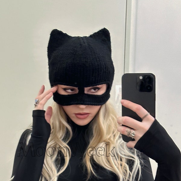 Katzenmütze, Catwomen Maske mit Ohren, schwarz gestrickte Wintermütze, Katzenohren Balaclava, Skimütze, Kostüm Katze Cyberpunk, Geschenk Weihnachten