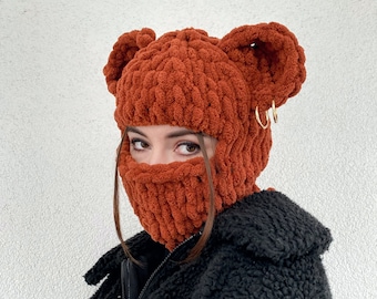 Crochet Knitted Bear Ears, Hand knitted Crochet Bear Ears Beanie, Baclava bear ear, Beanie Winter Ski Mask, Teddy bear balaclava mask