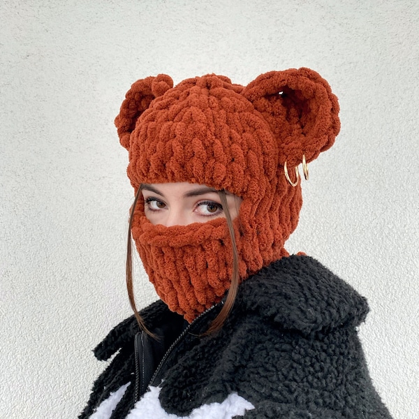 Crochet Knitted Bear Ears, Hand knitted Crochet Bear Ears Beanie, Baclava bear ear, Beanie Winter Ski Mask, Teddy bear balaclava mask