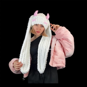 Bonnet de lapin, bonnet de lapin personnalisé, bonnet de lapin long au crochet, bonnet de lapin tricoté, bonnet d&#39;oreille de lapin, bonnet de lapin diable, chapeau de festival