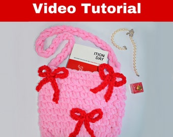 Pattern Puffy Bag , Crochet Bag Pattern , teddy bag with bows , hand knit handbag ,Tutorial VIDEO, digital download, knitted chocher