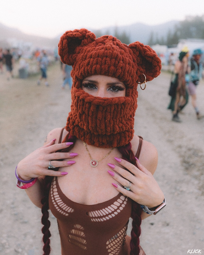 Festival hat Knitted Bear Ears, burning man Hand Crochet Bear Ears Beanie, Baclava bear ear, Beanie Ski Mask, Teddy bear balaclava mask zdjęcie 4
