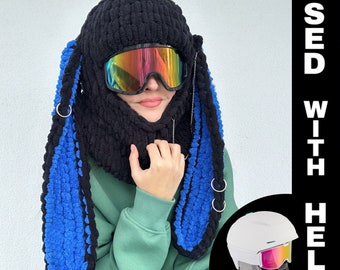 Pasamontañas de esquí con orejas de conejo, pasamontañas de esquí con orejas de conejo, cubre casco de esquí con orejas de conejo, máscara para casco de snowboard, pasamontañas de esquí, pasamontañas de esquí de ganchillo con orejas de conejo