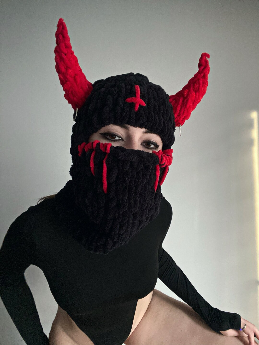 Devil Balaclava Balaclava With Horns Knitted Hat Devil Etsy