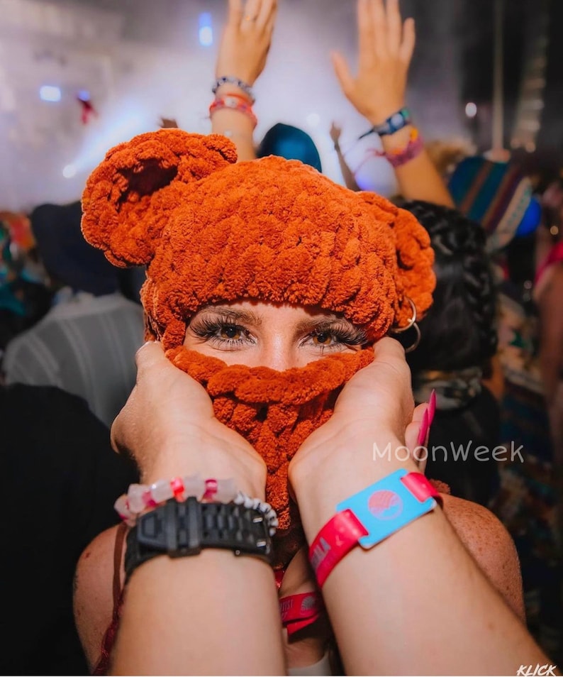Festival hat Knitted Bear Ears, burning man Hand Crochet Bear Ears Beanie, Baclava bear ear, Beanie Ski Mask, Teddy bear balaclava mask zdjęcie 3