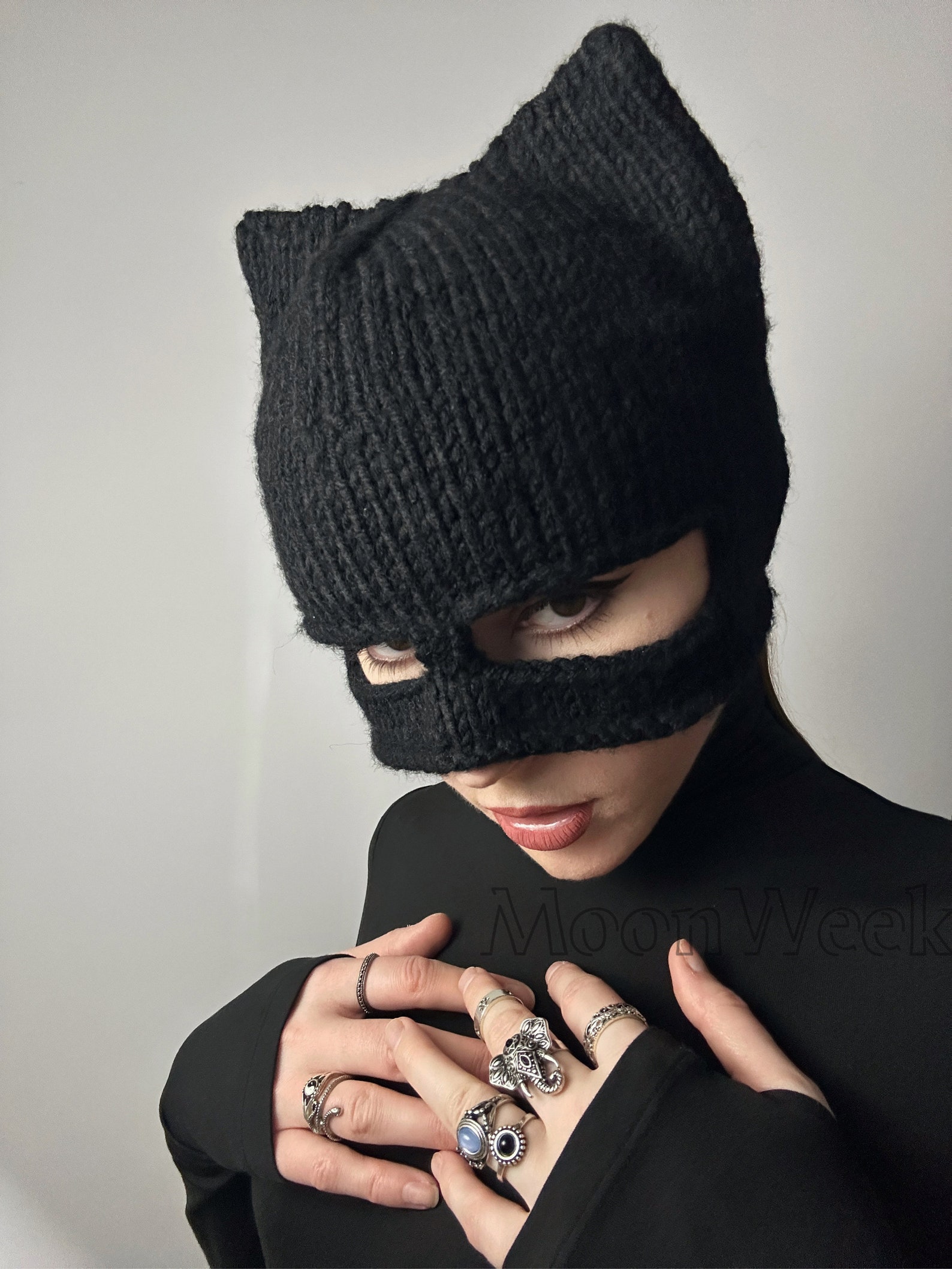 Cat Hat Catwoman Mask With Ears Black Knitted Winted Hat Etsy