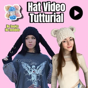 Peut inclure: Image présentant deux femmes portant des chapeaux faits à la main. L'un est noir avec de longues extensions en forme d'oreilles et des anneaux argentés. L'autre est crème avec des oreilles d'ours. Le texte dit "Hat Video Tutturial".