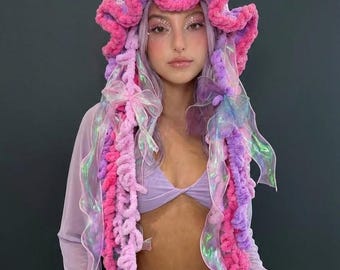 Häkeln Sie Quallen-Hut, Medusa LED-Hut, personalisiertes Geschenk, Festivalkostüm, holographischen Rave-Hut