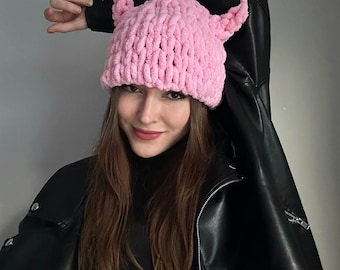 Gorro de tricô de diabo, Chapéu com chifres, Chapéu de diabo de crochê