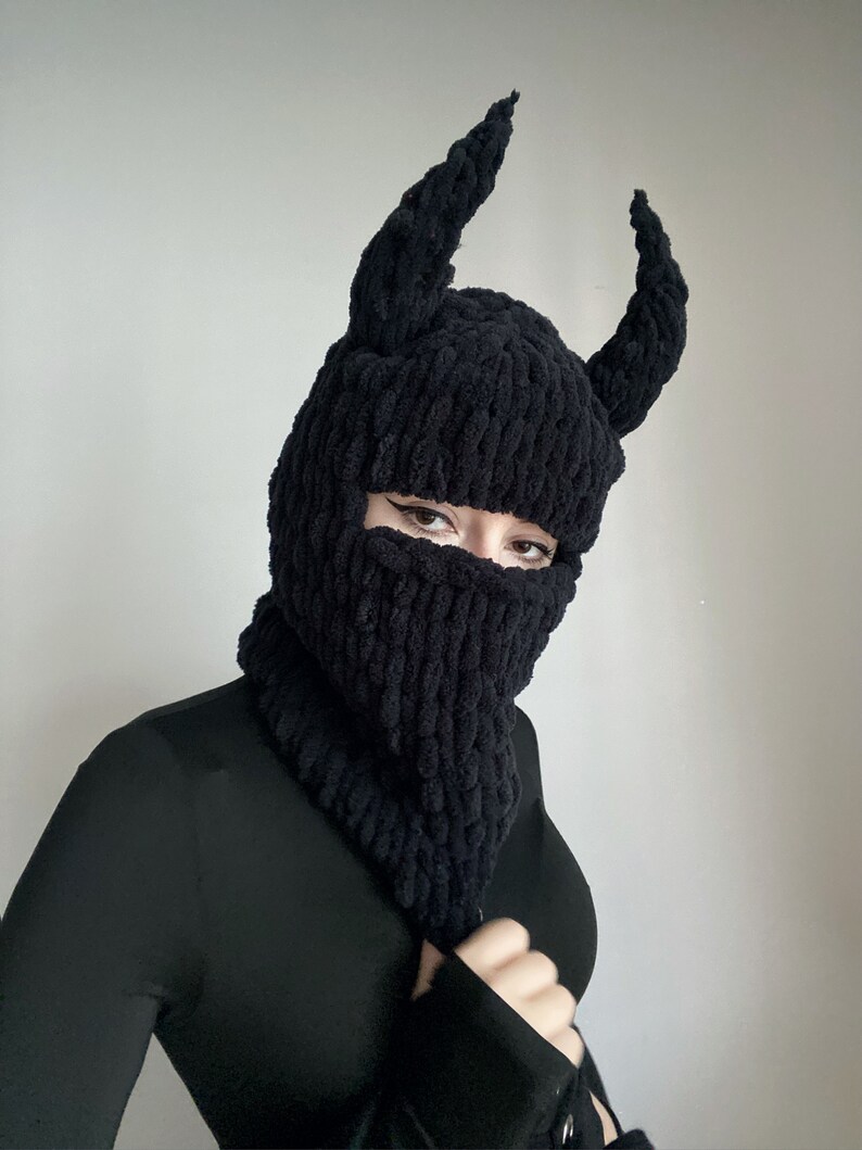 Devil Balaclava Ski Mask Balaclava With Horns Knitted Hat Etsy