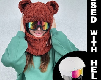 Helmet cover Bear balaclava ski mask , Open face ,  Helmet cover and helmet protector, Bear hat, winter, snowboard mask