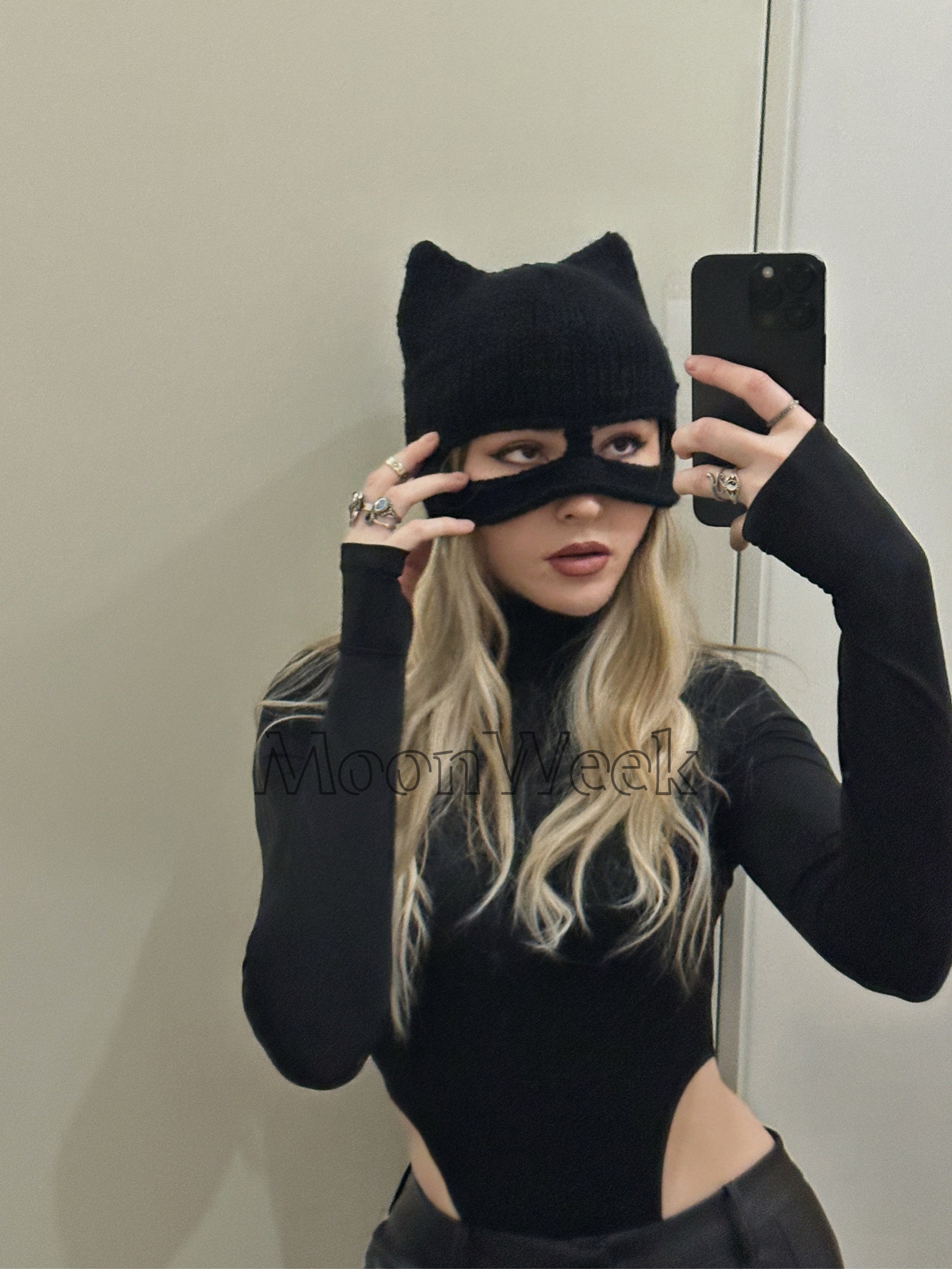 Cat Hat Catwoman Mask With Ears Black Knitted Winted Hat Etsy