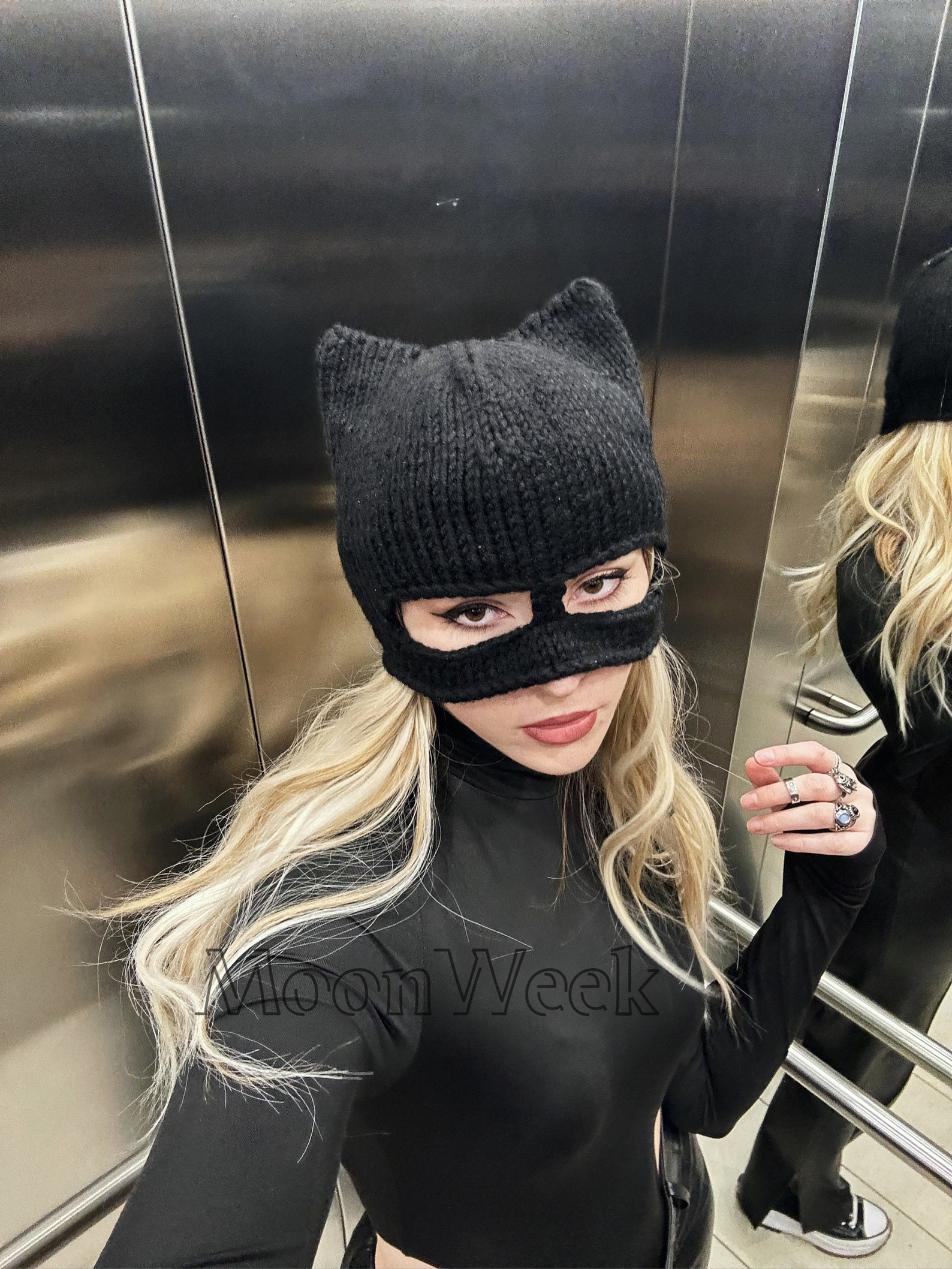 Cat Hat Catwoman Mask With Ears Black Knitted Winted Hat Etsy