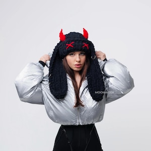 Bonnet lapin avec cornes, bonnet lapin Rave, bonnet lapin tricoté, bonnet lapin au crochet, bonnet oreilles, bonnet lapin diable, tricot avec oreilles