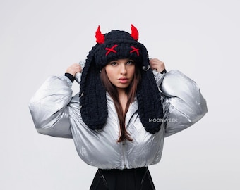 Chunky Chenille Beanie with Devil Horns Y2K Goth Rabbit Slouchy Winter Hat ZITEZHGO Cute Devil Horn Knit Beanie Hat for Women Men Y2K  main image 2