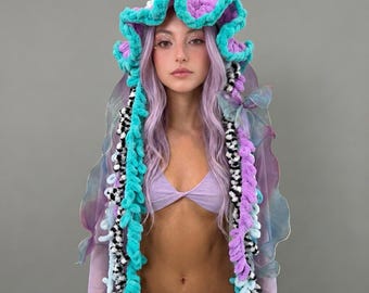 Festival häkeln Quallen Hut, Medusa LED Rave Kostüm, Festival Accessoire, personalisiertes Geschenk