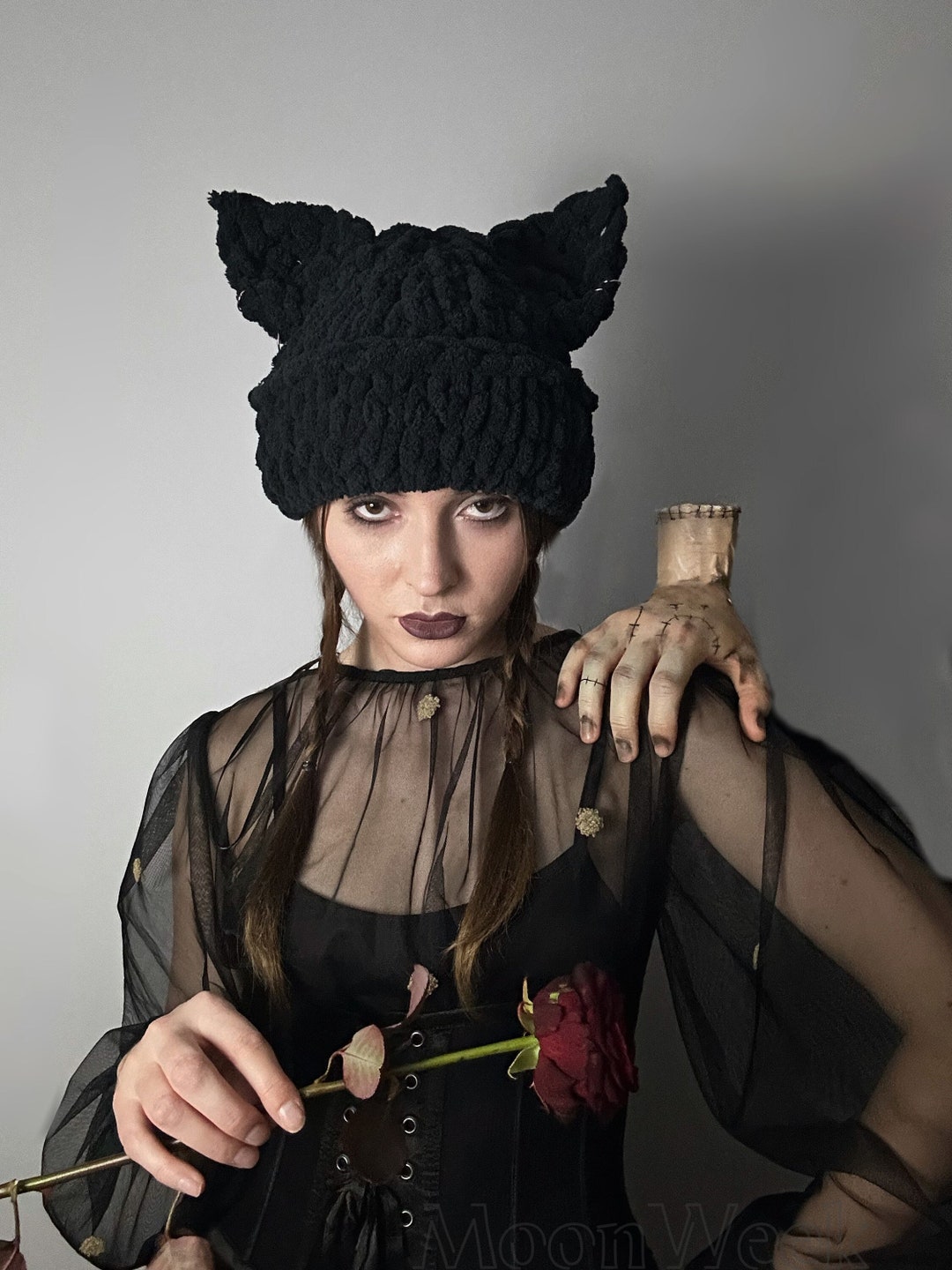 Cat Hat With Ears Wednesday Addams Wear Balaclava Hat Etsy UK