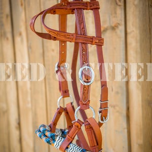 Puede incluir: Una brida de caballo de cuero marrón con herrajes plateados. La brida presenta un labrado floral decorativo y una cabezada de cuerda colorida. La brida cuelga sobre un fondo de madera.