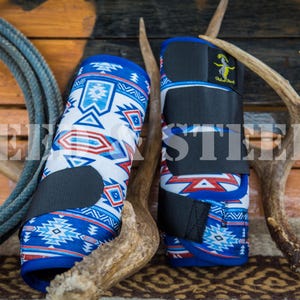 Horse sport medicine boots with Aztec and Southwestern patterns.