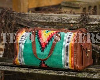 Hand crafted Southwestern Saddle Blanket Aztec Weekender real Leather Duffel Bag