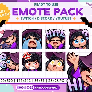 Twitch Halloween Emote Pack of Spooky Cute Witches with Black Hair, Blue Eyes, and Ivory Skin Tone - Cozy Witchy Emotes for Twitch & Discord