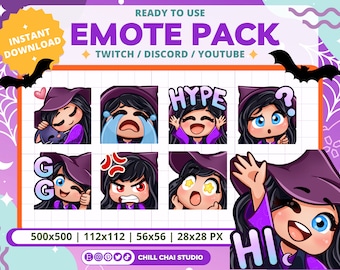 Twitch Halloween Emote Pack of Spooky Cute Witches with Black Hair, Blue Eyes, and Ivory Skin Tone - Cozy Witchy Emotes for Twitch & Discord