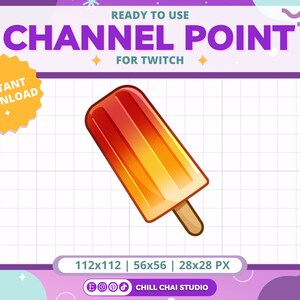 Peut inclure: Une illustration numérique d'une sucette glacée rouge et orange sur un bâton. La sucette glacée est sur un fond blanc avec un motif de grille. Le texte "CHANNEL POINT" est en haut de l'image. Le texte "FOR TWITCH" est sous le texte "CHANNEL POINT". Le texte "112x112 | 56x56 | 28x28 PX" est en bas de l'image.